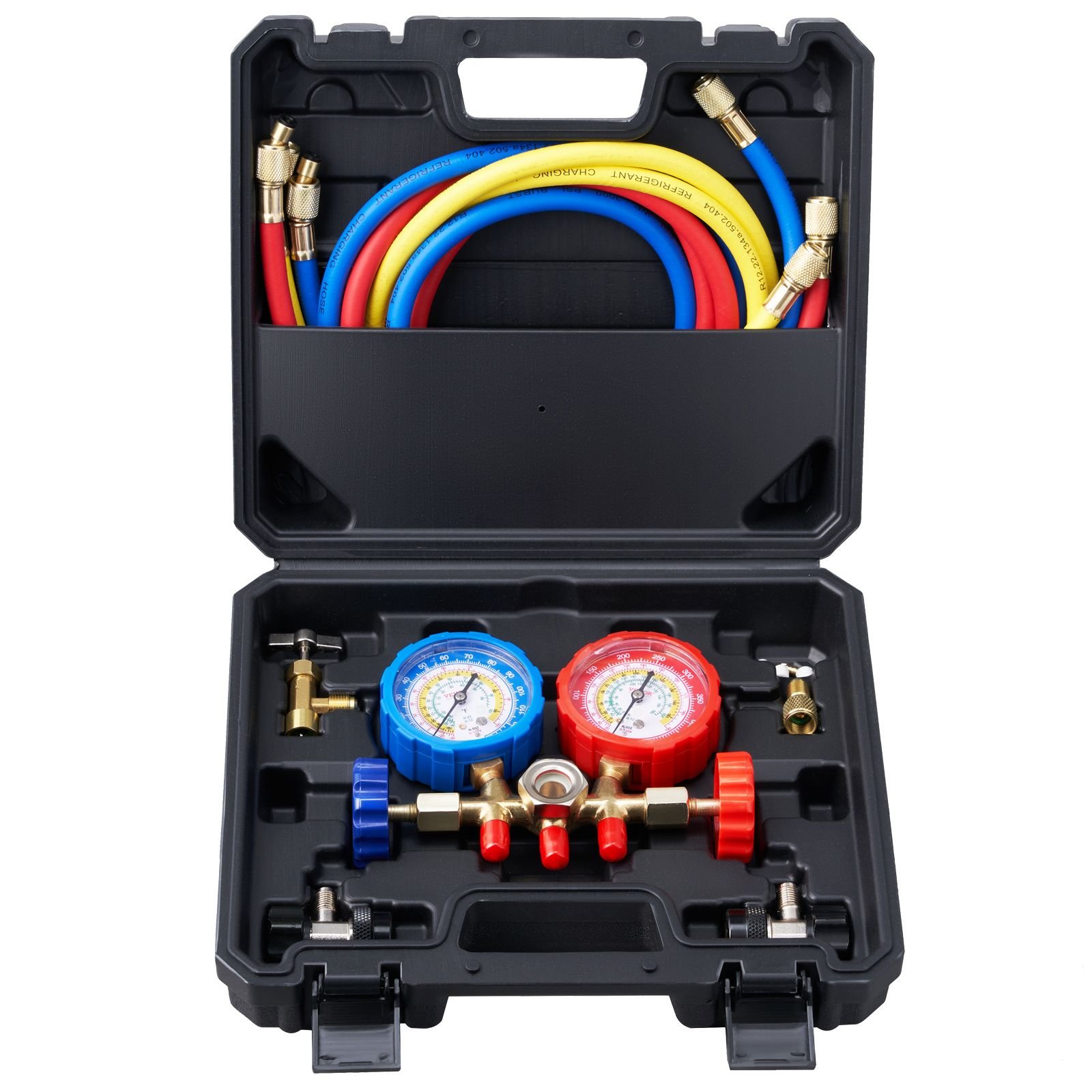 ac gauge set 3 way ac manifold gauge set for r134a r22 r12 r502 refrigerant, freon gauges with 5ft hoses, couplers, can tap works on car auto freon charging and evacuation