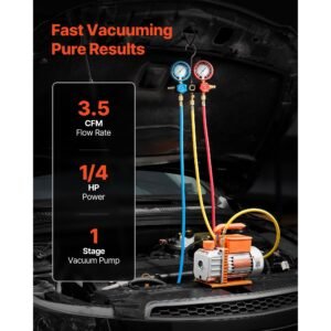 ac vacuum pump and gauge set, 3.5 cfm 1/4 hp, single stage rotary vane hvac vacuum pump, a/c manifold gauge kit, for r134a r22 r410a r1234yf r32, with carry bag, for auto hvac air conditioning