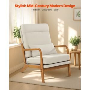 accent chair, high back mid century modern armchair with solid wood frame and non slip legs, upholstered leisure chair with linen fabric and 5.3 in thickened cushion, for living room, bedroom