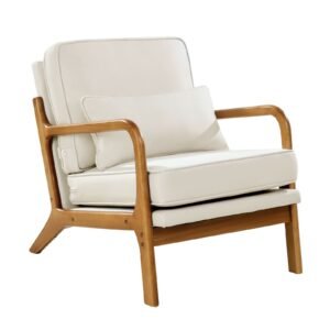 accent chair, mid century modern armchair with solid wood frame and non slip legs, upholstered leisure chair with linen fabric and 5.7 in thickened cushion, for living room, bedroom, office