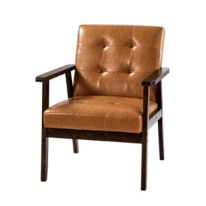 accent chair, mid century modern armchair with solid wood frame and non slip legs, upholstered leisure chair with pu leather and soft cushion, for living room, bedroom, office