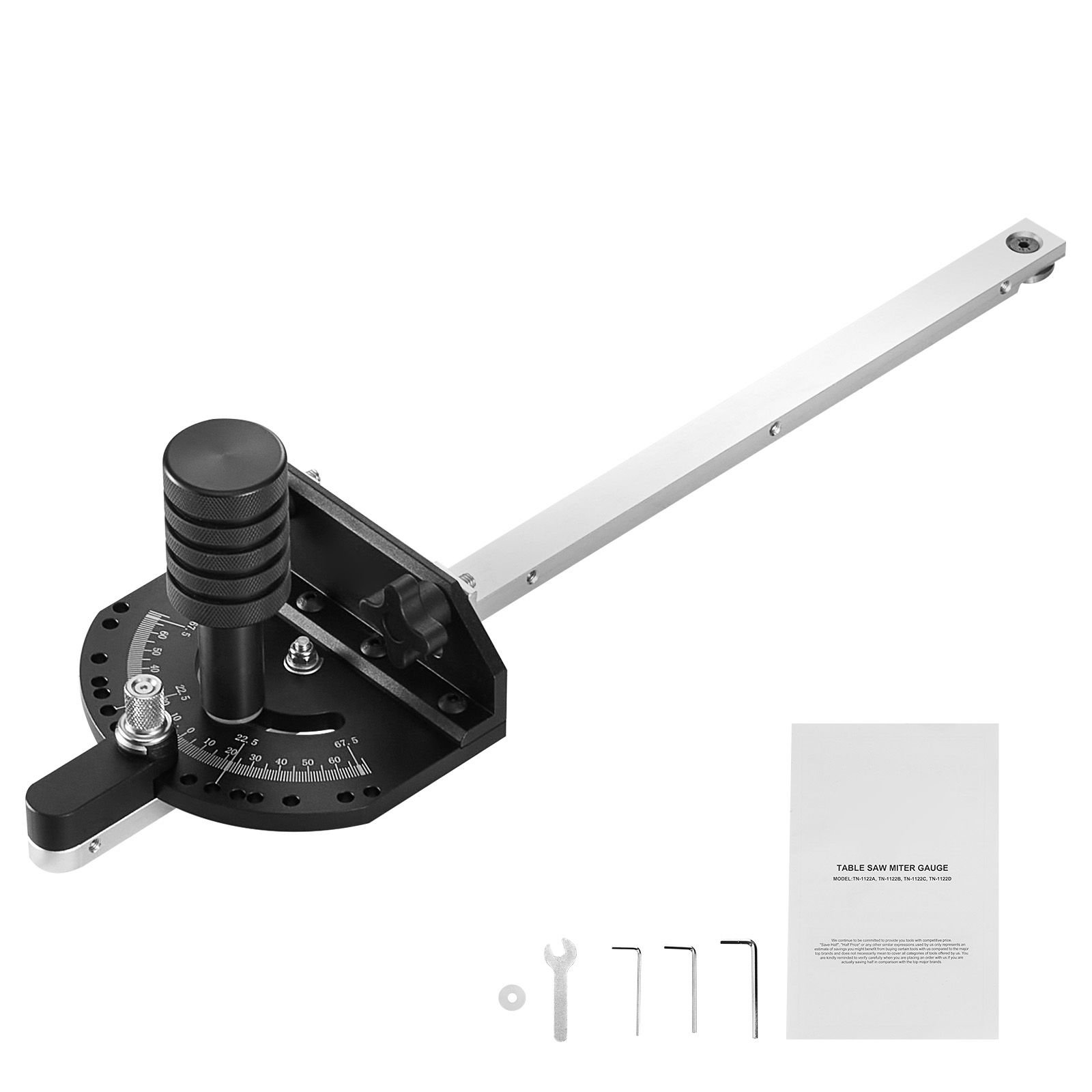 accurate miter gauge, fits slots 3/4'' x 3/8'', crafted from aluminum alloy, features 15 adjustable angle stops, spring loaded plunger & detachable disc, ideal for woodwork & table saws