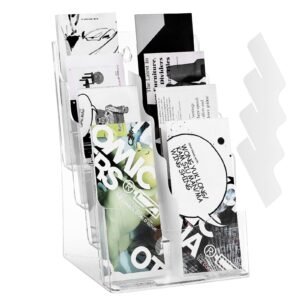 acrylic brochure holder 8.5 x 11 inch, 4 tier clear acrylic literature display stand, plastic literature organizer flyer stand & removable divider for office exhibition, countertop or wall mount