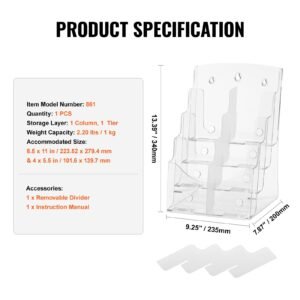 acrylic brochure holder 8.5 x 11 inch, 4 tier clear acrylic literature display stand, plastic literature organizer flyer stand & removable divider for office exhibition, countertop or wall mount