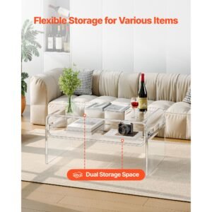 acrylic coffee table, 2 tiers center table with storage shelf, modern rectangle acrylic coffee desk, ideal for dining room, kitchen island, restaurant, office, 19.7 x 31.5 x 15 in (clear)