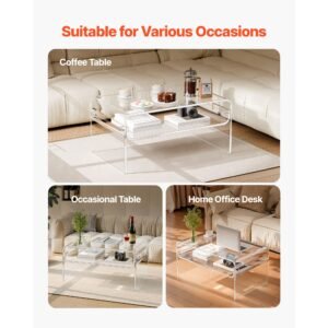 acrylic coffee table, 2 tiers center table with storage shelf, modern rectangle acrylic coffee desk, ideal for dining room, kitchen island, restaurant, office, 19.7 x 31.5 x 15 in (clear)