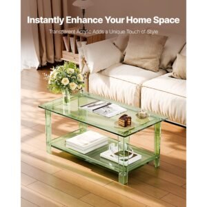 acrylic coffee table, 2 tiers center table with storage shelf, modern rectangle acrylic coffee desk, ideal for dining room, kitchen island, restaurant, office, 19.7 x 31.5 x 15.7 in (green)