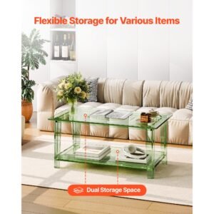acrylic coffee table, 2 tiers center table with storage shelf, modern rectangle acrylic coffee desk, ideal for dining room, kitchen island, restaurant, office, 19.7 x 31.5 x 15.7 in (green)