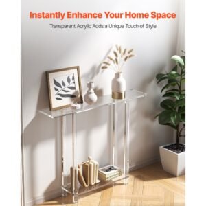 acrylic console table, 2 tiers narrow side desk with bottom open storage, modern rectangle acrylic end table, transparent entry desk for foyer, hallway, living room, 7.6 x 39.4 x 31.5 in (clear)