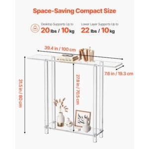 acrylic console table, 2 tiers narrow side desk with bottom open storage, modern rectangle acrylic end table, transparent entry desk for foyer, hallway, living room, 7.6 x 39.4 x 31.5 in (clear)