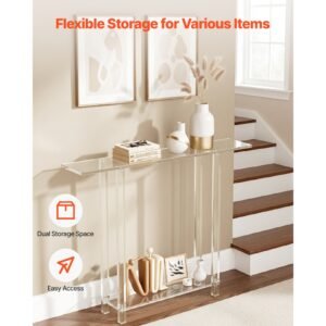 acrylic console table, 2 tiers narrow side desk with bottom open storage, modern rectangle acrylic end table, transparent entry desk for foyer, hallway, living room, 7.6 x 39.4 x 31.5 in (clear)