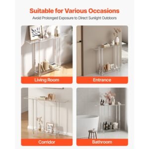 acrylic console table, 2 tiers narrow side desk with bottom open storage, modern rectangle acrylic end table, transparent entry desk for foyer, hallway, living room, 7.6 x 39.4 x 31.5 in (clear)