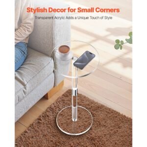 acrylic drink table, clear end table round top with solid post, modern acrylic cake table stand, transparent side desk for coffee, drink, food, snack, easy assembly, 10 x 10 x 21.3 in (clear)