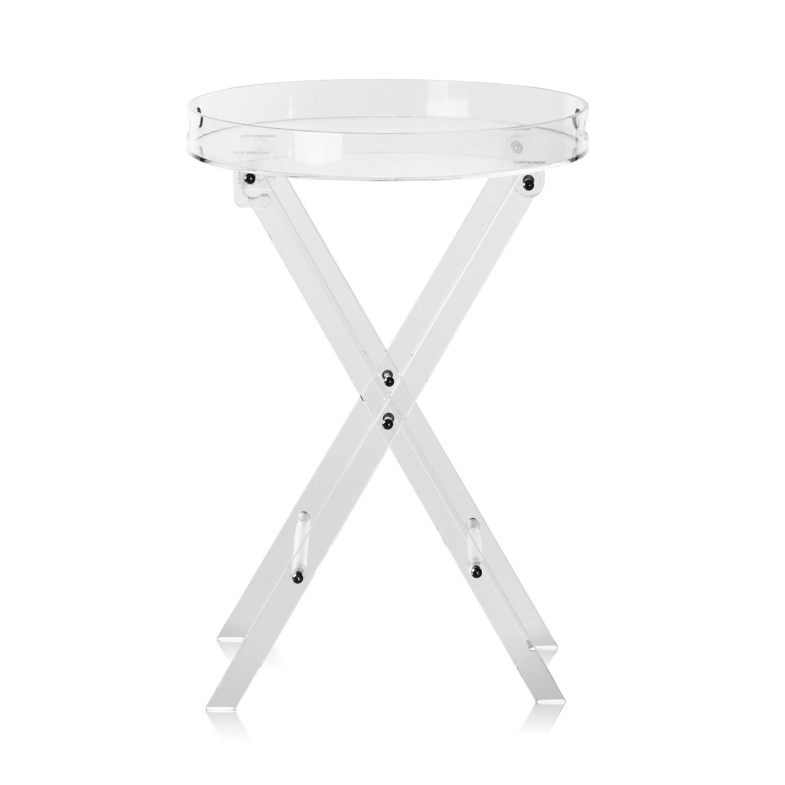 acrylic folding tray table, acrylic end table with folding x leg, clear acrylic side table for coffee, drink, food, snack used in living room, bedroom, and study