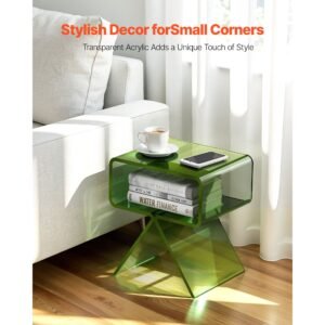 acrylic nightstand side table, modern clear bedside table with storage shelf, transparent small end desk for living room, bedroom, home decor, no assembly needed, 11.8 x 15.4 x 17 in (green)