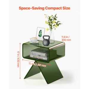acrylic nightstand side table, modern clear bedside table with storage shelf, transparent small end desk for living room, bedroom, home decor, no assembly needed, 11.8 x 15.4 x 17 in (green)