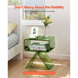 acrylic nightstand side table, modern clear bedside table with storage shelf, transparent small end desk for living room, bedroom, home decor, no assembly needed, 11.8 x 15.4 x 17 in (green)