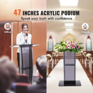 acrylic podium, 47" acrylic podium stand with wide reading surface & storage shelf, floor standing clear pulpits acrylic for church office school, black