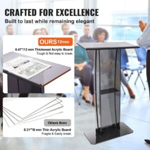 acrylic podium, 47" acrylic podium stand with wide reading surface & storage shelf, floor standing clear pulpits acrylic for church office school, black