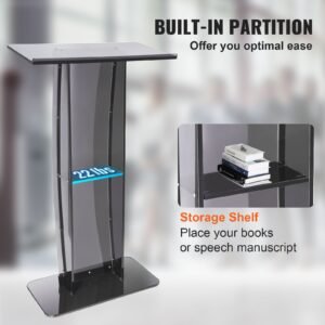acrylic podium, 47" acrylic podium stand with wide reading surface & storage shelf, floor standing clear pulpits acrylic for church office school, black