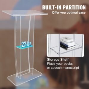 acrylic podium, 47" clear acrylic podium stand with wide reading surface & storage shelf, floor standing clear pulpits acrylic for church office school