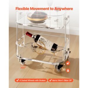 acrylic table with wheels, 2 tiers mobile cart table, modern rolling acrylic storage desk, clear nightstand side end desk, for living room, bedroom, bar, office, 12 x 16.3 x 18.9 in (clear)