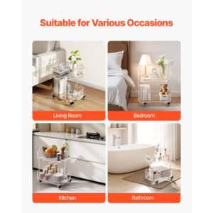 acrylic table with wheels, 2 tiers mobile cart table, modern rolling acrylic storage desk, clear nightstand side end desk, for living room, bedroom, bar, office, 12 x 16.3 x 18.9 in (clear)