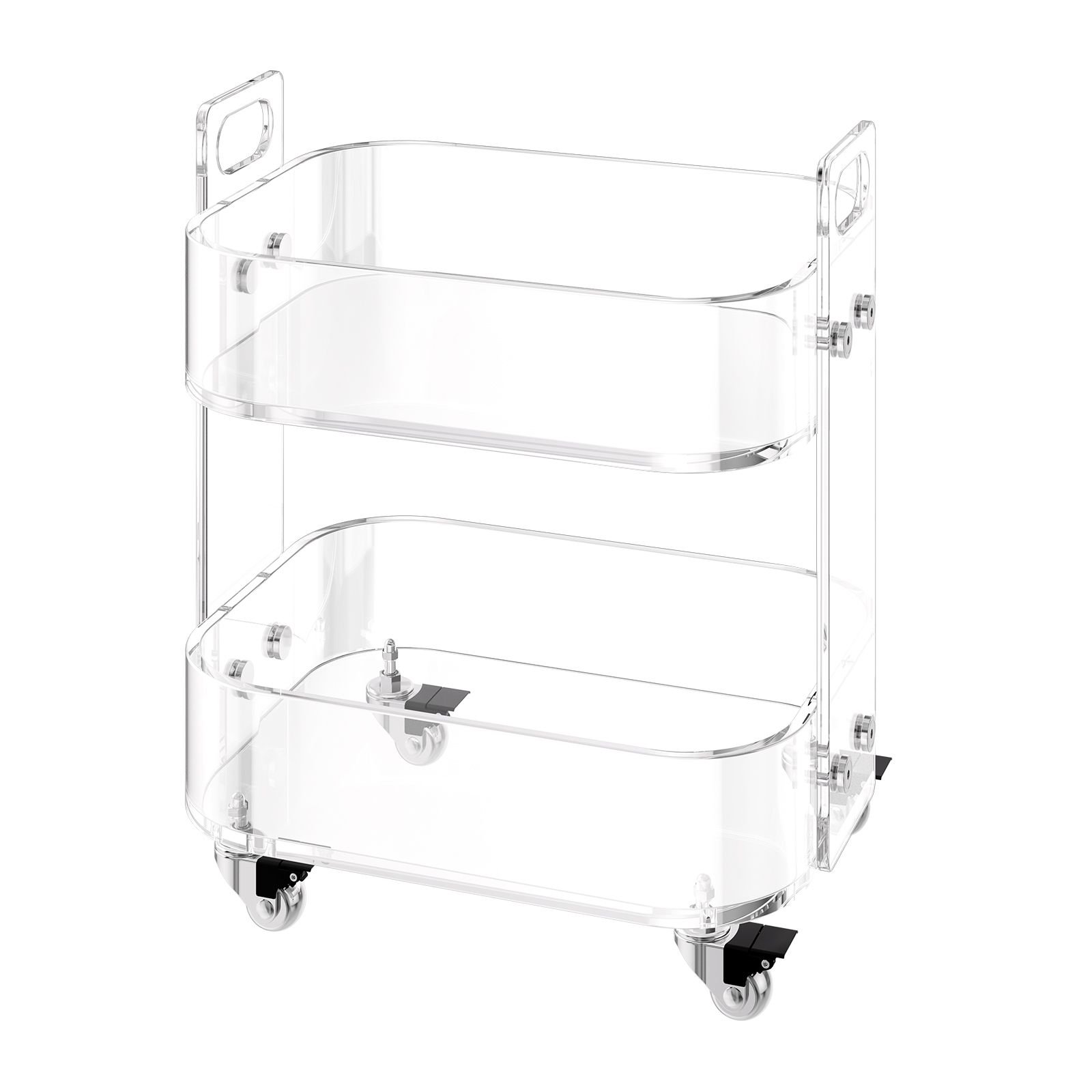 acrylic table with wheels, 2 tiers mobile cart table, modern rolling acrylic storage desk, clear nightstand side end desk, for living room, bedroom, bar, office, 12 x 16.3 x 18.9 in (clear)