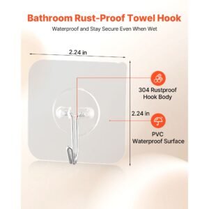 adhesive hooks, 12 pack self adhesive towel coat hooks, heavy duty wall hook hold 15 lbs (max), stainless steel sticky hanger, for bathroom, kitchen, hanging towel, coat & keys (transparent)