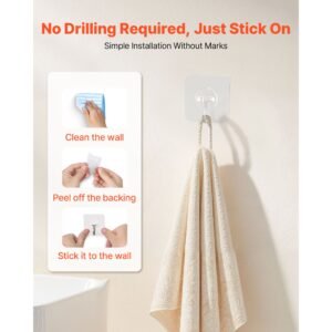 adhesive hooks, 12 pack self adhesive towel coat hooks, heavy duty wall hook hold 15 lbs (max), stainless steel sticky hanger, for bathroom, kitchen, hanging towel, coat & keys (transparent)