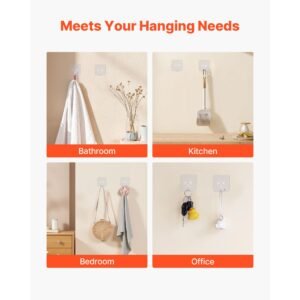 adhesive hooks, 12 pack self adhesive towel coat hooks, heavy duty wall hook hold 15 lbs (max), stainless steel sticky hanger, for bathroom, kitchen, hanging towel, coat & keys (transparent)