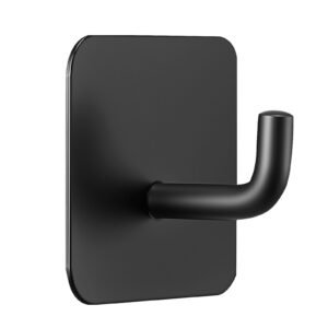 adhesive hooks, 4 pack self adhesive towel coat hooks, heavy duty wall hook hold 15 lbs (max), stainless steel sticky hanger, for bathroom, kitchen, hanging towel, coat & keys (matte black)