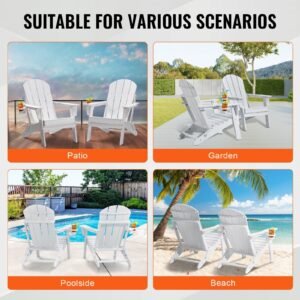 adirondack chair plastic, set of 2 all weather portable folding fire pit chair, outdoor adirondack patio chair with cup holder, with relaxing arm rest ergonomic, for garden, backyard white