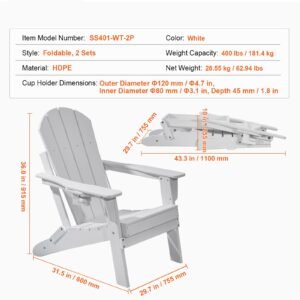 adirondack chair plastic, set of 2 all weather portable folding fire pit chair, outdoor adirondack patio chair with cup holder, with relaxing arm rest ergonomic, for garden, backyard white