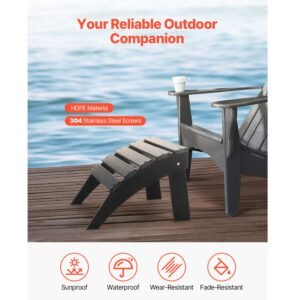 Adirondack Ottoman, 18.7L x 19.7W x 13H Inch HDPE Plastic Folding Adirondack Ottoman, Weather-Resistant Foot Rest for Adirondack Chair, Widely Used for Outside Porch Pool Lawn Backyard, Black