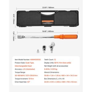 adjustable click torque wrench, 1/2 inch drive, 20 160 lbf ft/27.1 216.8 n.m, dual direction and dual range scales, 72 tooth, ±2% precision, with adapter interchangeable jaw and ratchet head