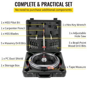 adjustable hole saw cutter kit, 1 5/8" to 11 13 /16" (40 300 mm), recessed hole saw with pc dust shield, two replaceable pilot drill bits, for recessed lights, ceiling speakers, vent holes