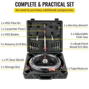 adjustable hole saw cutter kit, 1 5/8" to 8" (40 200 mm), two replaceable pilot drill bits, twin blade recessed hole saw with pc dust shield, for recessed lights, ceiling speakers, vent holes