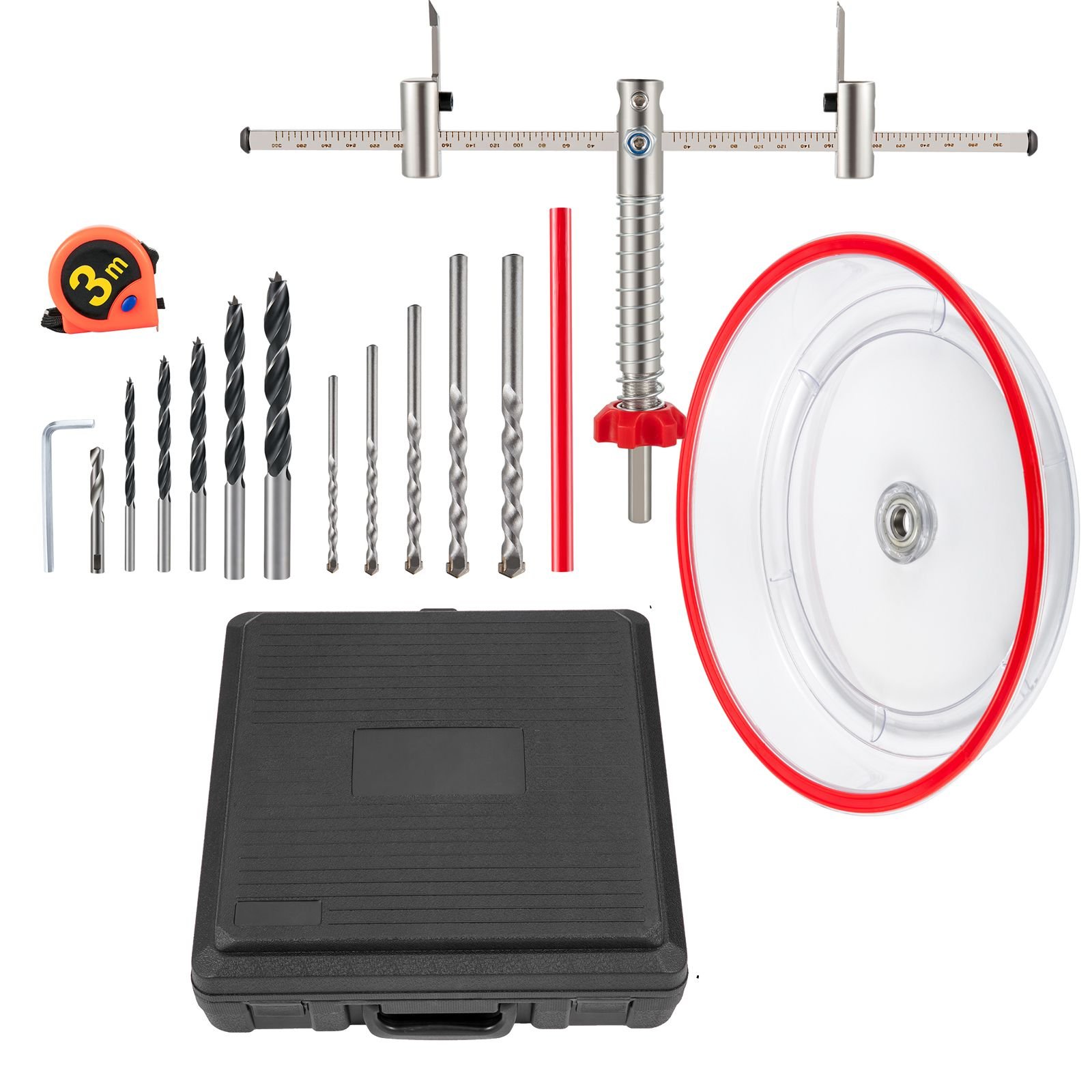 adjustable hole saw cutter kit, 1 5/8" to 8" (40 200 mm), two replaceable pilot drill bits, twin blade recessed hole saw with pc dust shield, for recessed lights, ceiling speakers, vent holes