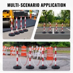 adjustable traffic delineator post cones, 4 pack, traffic safety delineator barrier with fillable base 8ft chain, for traffic control warning parking lot construction caution roads, red & white