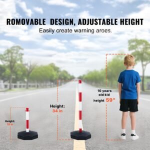adjustable traffic delineator post cones, 4 pack, traffic safety delineator barrier with fillable base 8ft chain, for traffic control warning parking lot construction caution roads, red & white