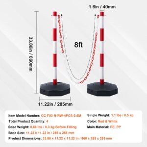 adjustable traffic delineator post cones, 4 pack, traffic safety delineator barrier with fillable base 8ft chain, for traffic control warning parking lot construction caution roads, red & white