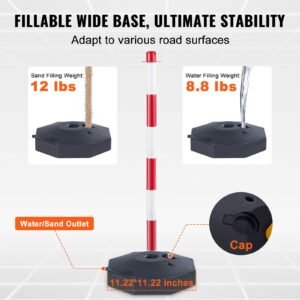 adjustable traffic delineator post cones, 6 pack, traffic safety delineator barrier with fillable base 6.6ft chain, for traffic control warning parking lot construction caution roads, red&white