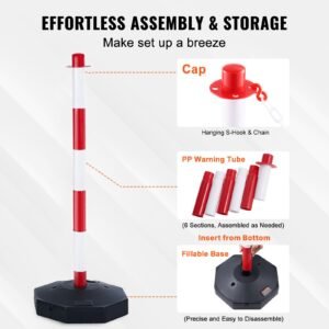 adjustable traffic delineator post cones, 6 pack, traffic safety delineator barrier with fillable base 6.6ft chain, for traffic control warning parking lot construction caution roads, red&white