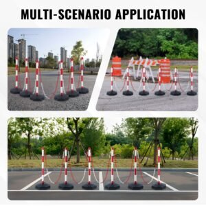 adjustable traffic delineator post cones, 6 pack, traffic safety delineator barrier with fillable base 6.6ft chain, for traffic control warning parking lot construction caution roads, red&white