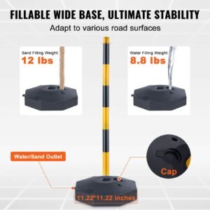 adjustable traffic delineator post cones, 6 pack, traffic safety delineator barrier with fillable base 8ft chain, for traffic control warning parking lot construction caution roads, yellow&black