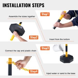 adjustable traffic delineator post cones, 6 pack, traffic safety delineator barrier with fillable base 8ft chain, for traffic control warning parking lot construction caution roads, yellow&black