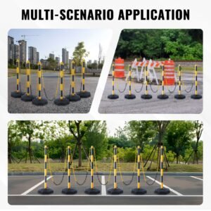 adjustable traffic delineator post cones, 6 pack, traffic safety delineator barrier with fillable base 8ft chain, for traffic control warning parking lot construction caution roads, yellow&black