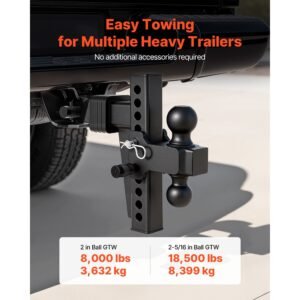 adjustable trailer hitch, fit 2 inch receiver, trailer hitch mount with 2 inch & 2 5/16 inch balls, 18500 lbs gtw, 8 inch drop, towing ball mounts for rvs, off road vehicles and trucks, black