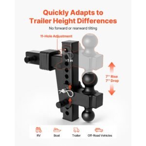 adjustable trailer hitch, fit 2 inch receiver, trailer hitch mount with 2 inch & 2 5/16 inch balls, 18500 lbs gtw, 8 inch drop, towing ball mounts for rvs, off road vehicles and trucks, black